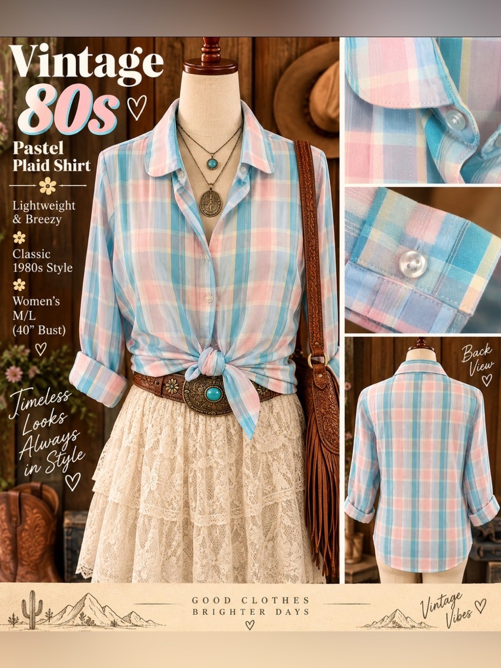 Vintage 80s - Plaid Button-Up Shirt in Light Blue and Pink- M/L 40” bust